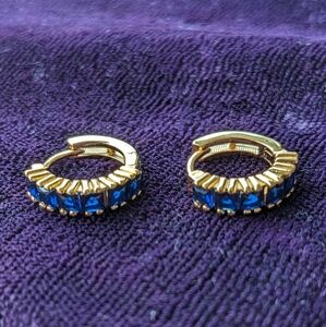 New 14K Gold Vermeil Hoops Huggies Earrings With Blue Sapphire - Like Stones